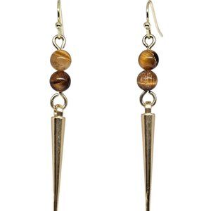 Handcrafted Tiger Eye Gemstone Beaded Gold Spike Cone Dangle Boho Earrings